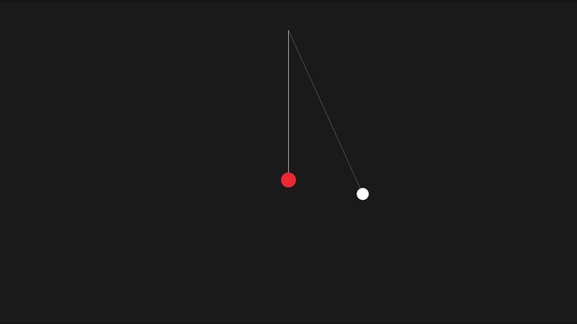 Minimalist pendulum motion with red and animation 4k white spheres swinging on dark background physics