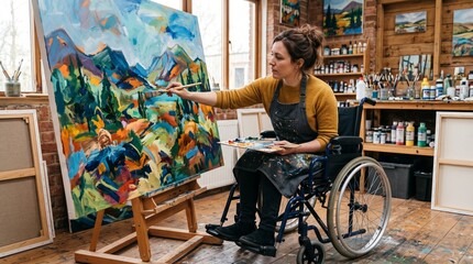 Obraz premium Artist in wheelchair paints a vibrant landscape artwork in a sunlit studio