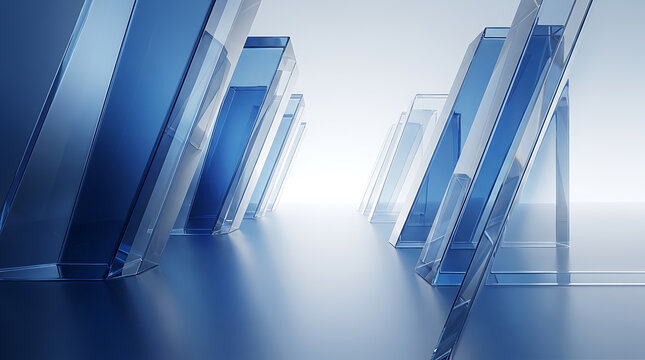 Abstract blue transparent geometric blocks arranged in a perspective row on a white background