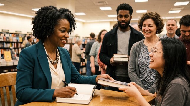 Author signs book for fan at bookstore event with diverse crowd watching