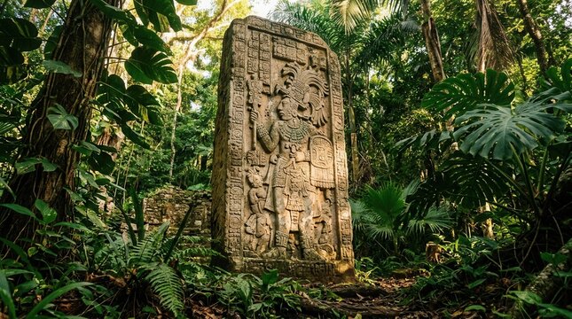 Ancient Mayan Stele Carved with Hieroglyphs in Lush Jungle Overgrowth.