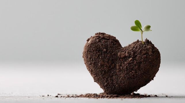 Small green plant sprout growing out of heart-shaped fertile brown soil against neutral background.
