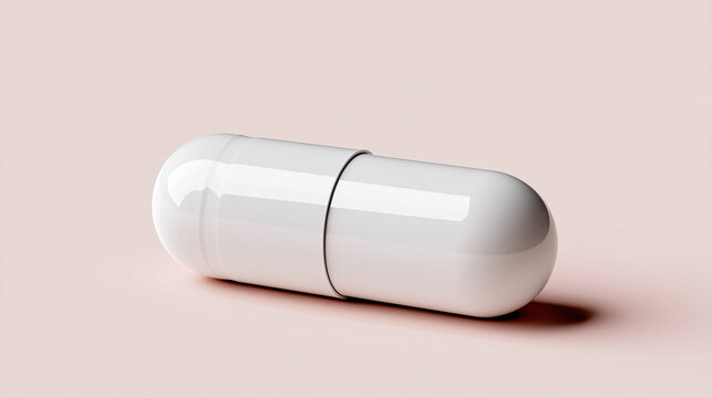 White medical capsule pill on a soft pastel pink background with subtle shadow.