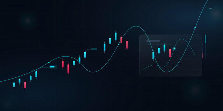 Digital financial candlestick trading chart with growth trend lines on transparent background