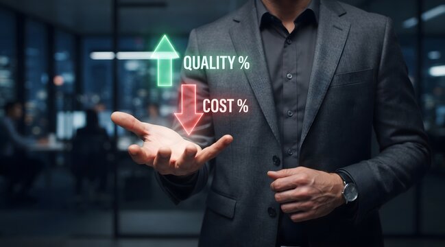A business professional holds a digital hologram showing an upward arrow representing increased quality and decreased cost in business
