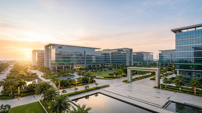 Modern Indian IT park corporate campus exterior at sunrise background