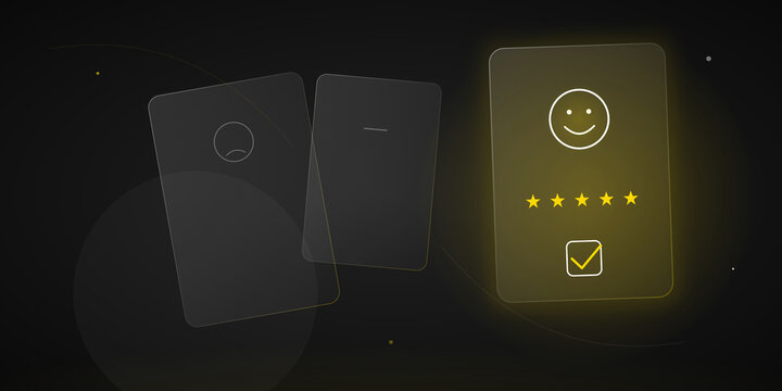 Five star customer satisfaction rating cards with glowing positive on transparent background
