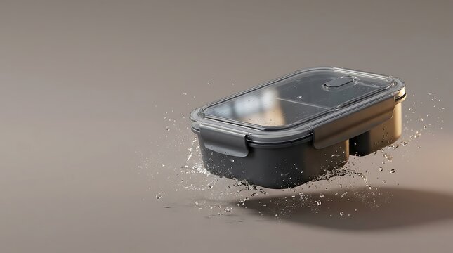 A waterproof lunch box floating in mid-air with water splashes as a concept for freshness and spill-proof design
