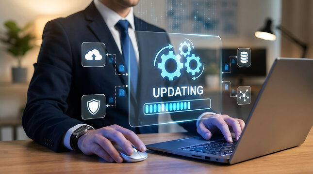 Businessman updating system software process on laptop computer screen