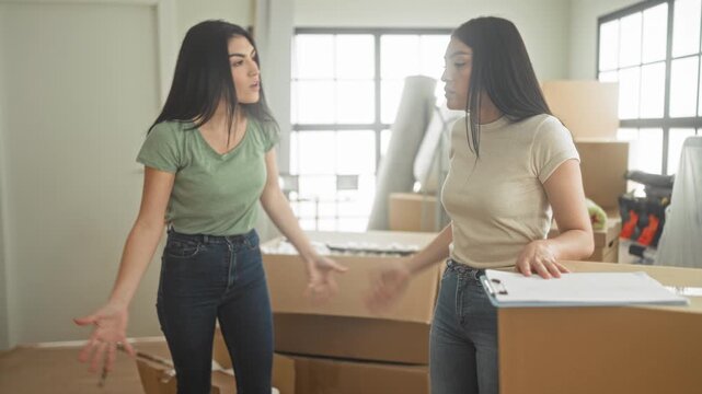 Woman gesturing hands by open cardboard box in building while talking with friend amid packed moving boxes and tools; sisters conflict frustration.