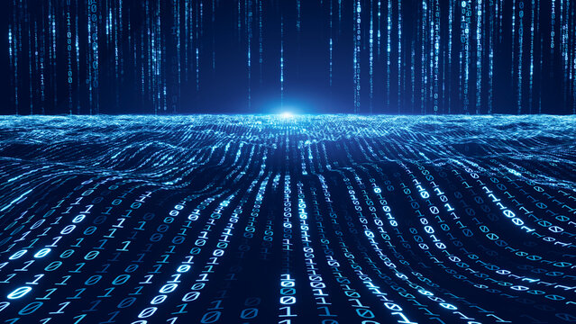 Binary data digital waves, Streaming data, - Digital Code, ai, artificial intelligence concept - 3d illustration