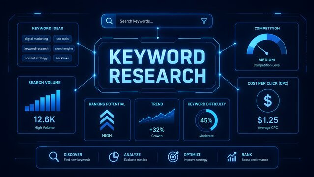 Digital dashboard interface displaying keyword research metrics with data visualization charts and analytical tools for search engine optimization strategy