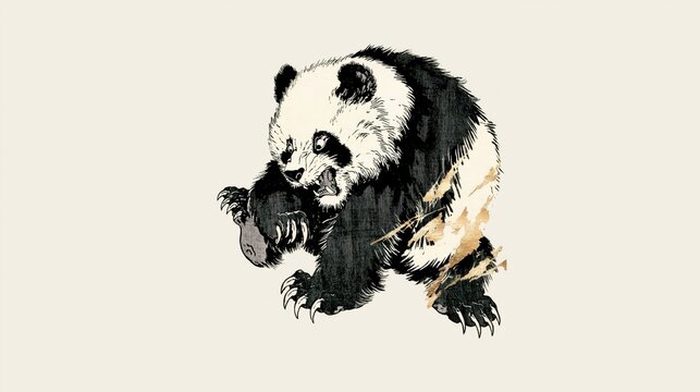 Growth of a fierce panda bear illustration with golden claw marks and aggressive ink art style
