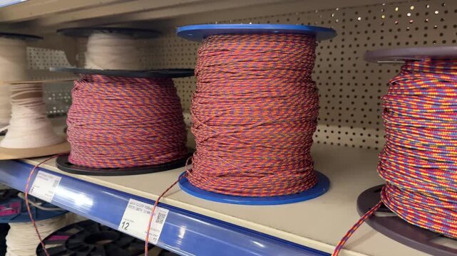 Barnaul, Russia, 15 July 2026 - Colorful braided polyester rope spools on retail store shelves, featuring vibrant red, yellow, and blue twisted cord in various thicknesses.
