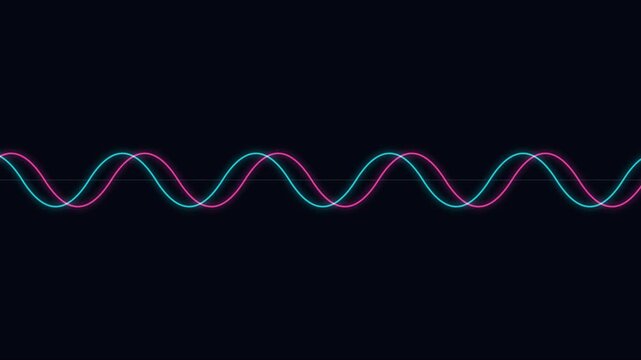 Neon sine wave animation: intertwining pink and cyan glowing light oscillations for science and technology backgrounds 4k