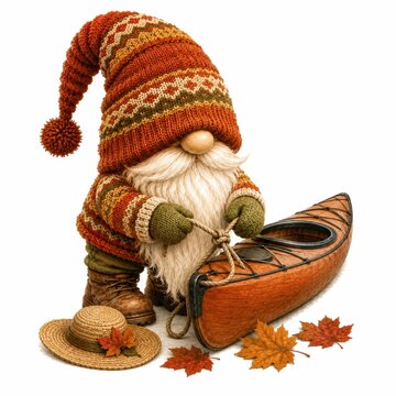 A gnome with a woolen hat and sweater holds a small wooden canoe, surrounded by autumn leaves and a straw hat.