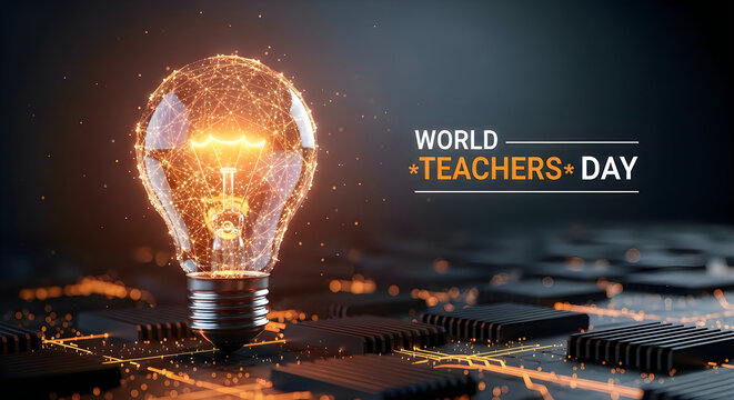 World Teachers Day celebration with glowing lightbulb. Education innovation symbol on dark reflective surface for global appreciation.