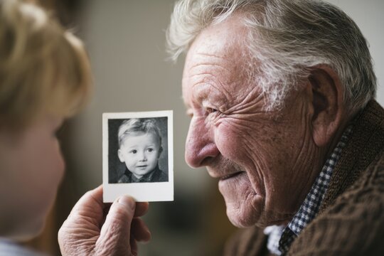 Grandfather showing grandchild a vintage childhood photo indoors