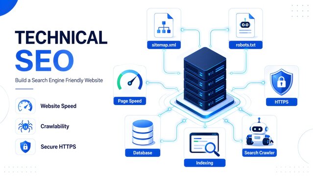 Technical seo concept infographic showing website optimization strategies including server performance site speed security indexing and mobile friendly design elements