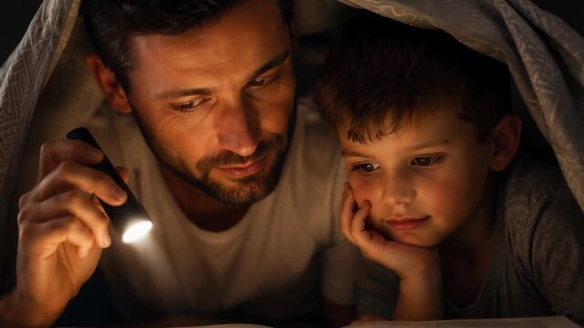 Father and his young son reading a storybook together under a cozy blanket fort at night using a flashlight. Warm, emotional family bonding scene before bedtime for lifestyle projects.