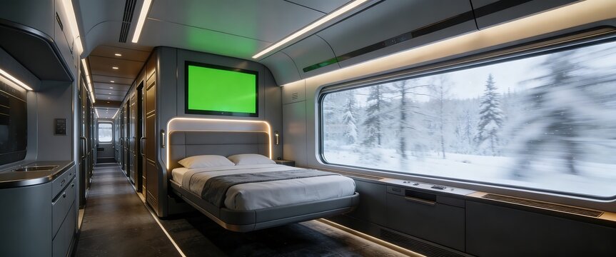 Modern luxury train sleeper cabin featuring winter landscape and green screen monitor