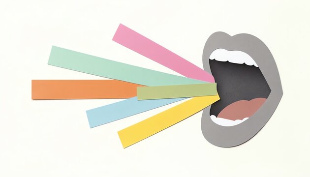 Paper craft collage showing colorful words and ideas emerging from an open mouth