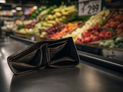 Empty black wallet resting on supermarket checkout counter with supermarket