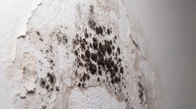 Black mold growth on white wall, damp damaged plaster with peeling paint, toxic fungal infestation in home interior, water damage and moisture problem