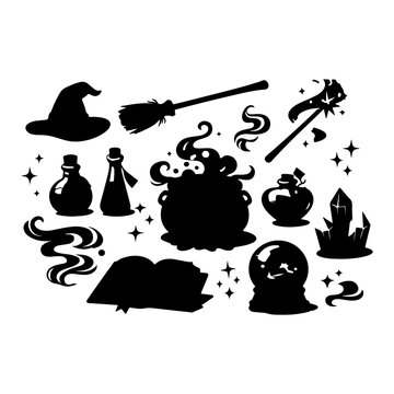 Halloween set with black cat, pot, hat and spooky items