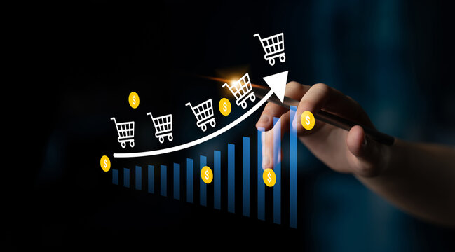 A conceptual image illustrating business growth, featuring a hand engaging with a growing chart, shopping carts, and coins, ideal for themes of finance and e-commerce development. Ledger