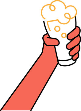 hand hold frothing beer glass clinking line icon