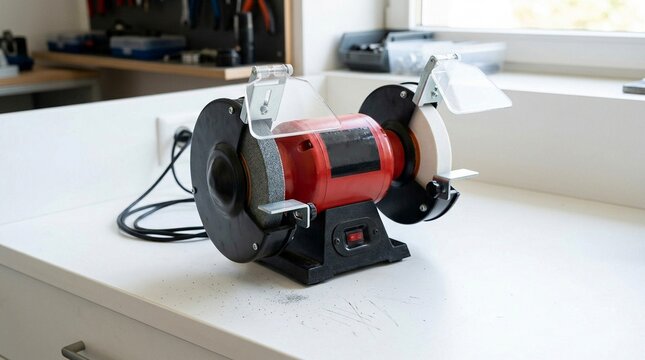 Bench grinder machine on a white workbench