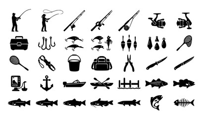Fishing Angler Silhouette Vector Set with Striped Bass and Tackle Icons © Md