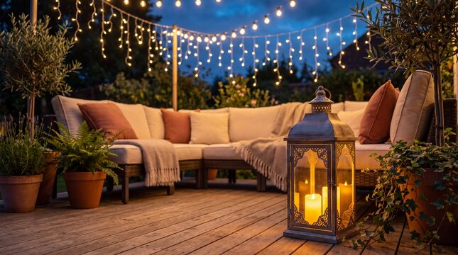 Cozy outdoor patio lounge at night, warm string lights over garden terrace furniture, atmospheric backyard deck with lantern and cushions