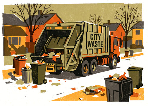 dump truck on trash day in suburbs Graphic poster style illustration