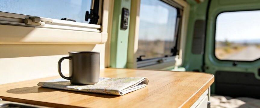 Morning coffee and folded map on a wooden table inside a cozy camper van