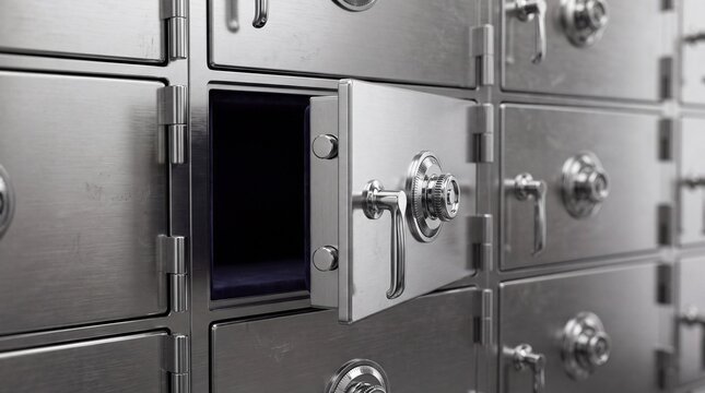 Brushed steel safety deposit box open in bank vault, secure metal lockers for private storage, silver metallic bank safe drawers
