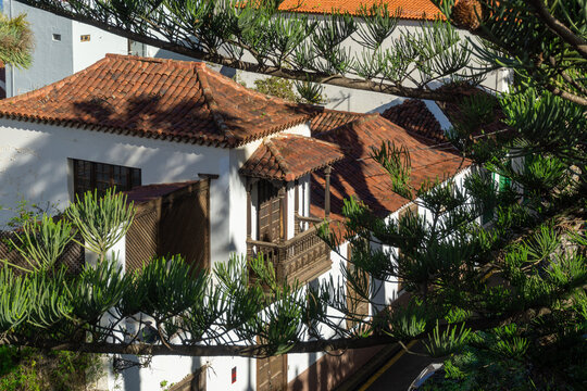 Traditional Canarian architecture in La Orotava Tenerife with pine branches