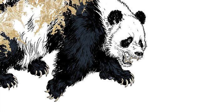 Growth and change illustrated by an aggressive panda with sharp claws golden map texture and bold ink artwork showing powerful innovation and expanding horizons