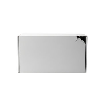 Damaged white cardboard box with hole, crushed shipping parcel on white background, broken delivery package for logistics insurance concept