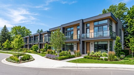 Fototapeta premium A row of modern townhouses featuring contemporary architecture, large windows, balconies, and lush green landscaping under a clear blue sky.