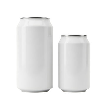 Blank white aluminum soda cans in two sizes, realistic beverage container mockups, minimalist metal drink packaging on white background