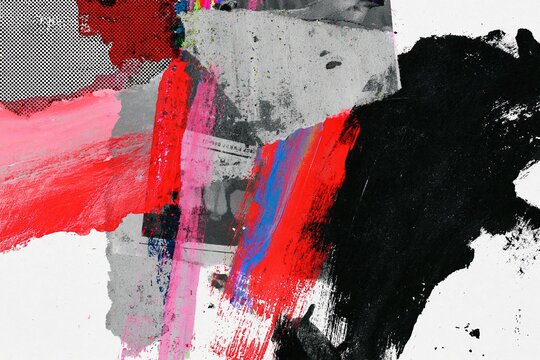 Red Pink and Black Abstract Brush Collage with Halftone Dots