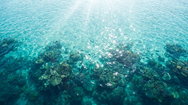 Tropical turquoise ocean water with coral reef, crystal clear sea surface with sun light reflections, aerial view of exotic marine ecosystem