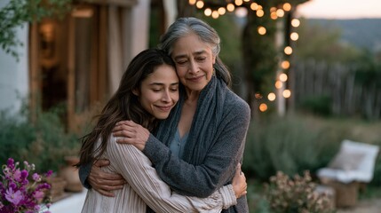 Fototapeta premium Elderly woman embracing her adult daughter with affection during a warm evening with bokeh lights in the background