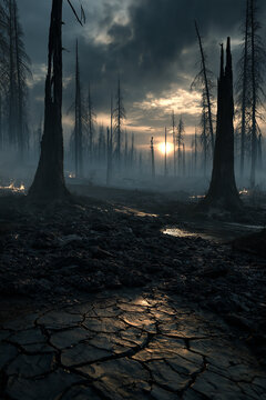 burned forest aftermath with ashes and smoke, desolate scorched landscape after wildfire disaster