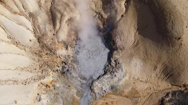 Aerial view of steaming geothermal vent in the volcanic landscape of Landmannalaugar in Rangarthing ytra, Iceland.