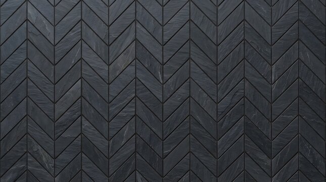 Dark grey slate stone tiles arranged in a classic herringbone pattern wall covering design for interior home decor idea.