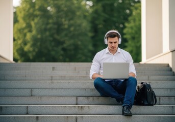 Fototapeta premium Young man working on laptop while sitting on outdoor stairs