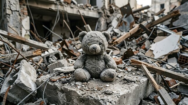 Heartbreaking Image of a Dusty Teddy Bear Sitting Amidst the Rubble of a Destroyed City Following War and Conflict